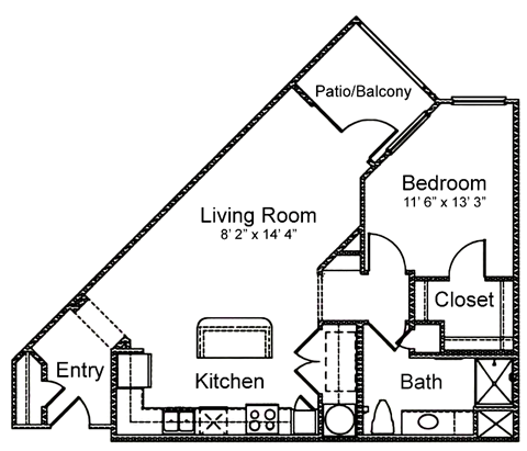 Floor plan for 1 bed, 1 bath, 793 sqft
